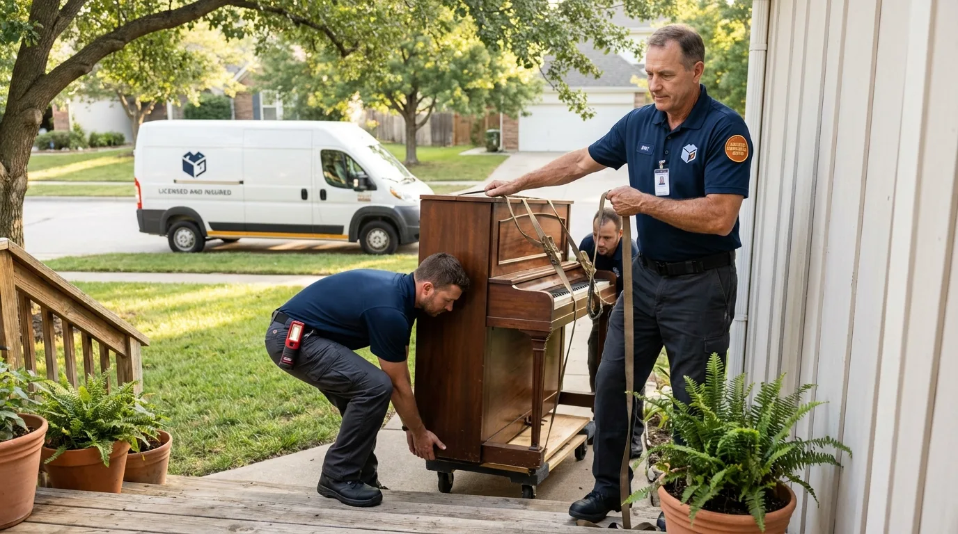 Licensed piano movers securing grand piano in Tilden, TX